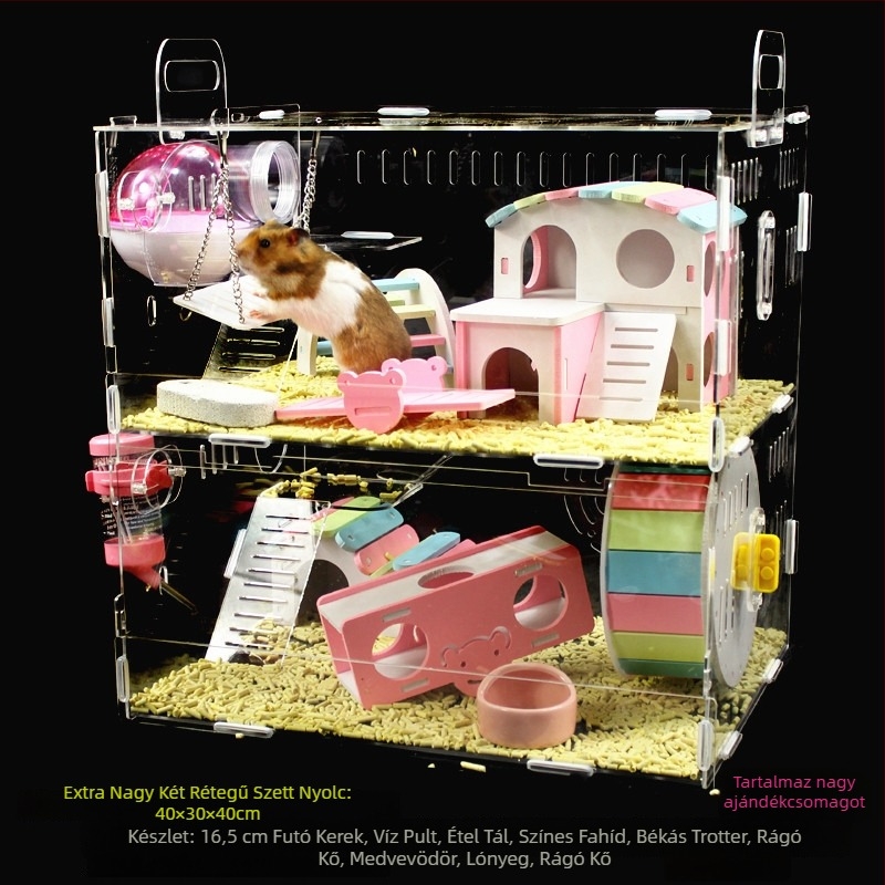 Akril hörcsög ketrec, kétszintes, átlátszó villa-kastély, kör alakú, beltéri, vízálló