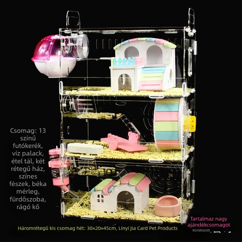 Akril hörcsög ketrec, kétszintes, átlátszó villa-kastély, kör alakú, beltéri, vízálló