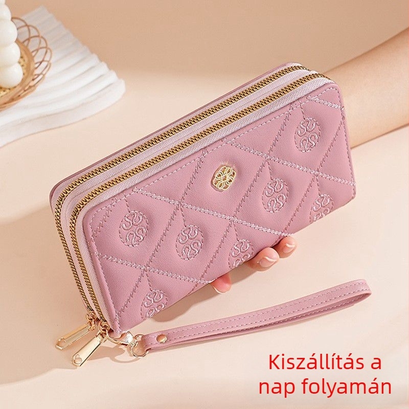 Női PU bőr pénztárca, embossált textúrával, tág kapacitású clutch, dupla cipzár, 2024 tavasz