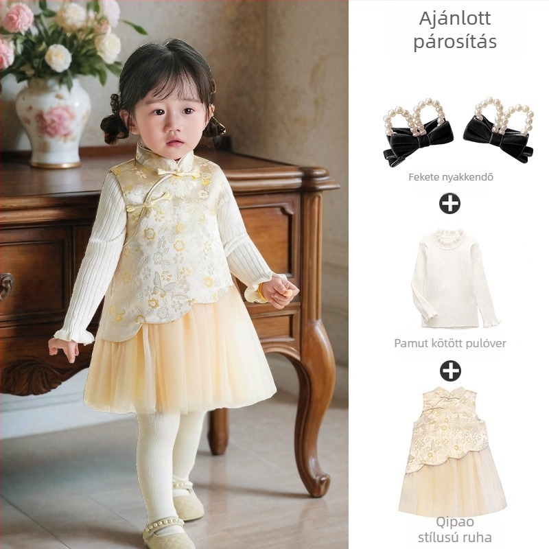 Kínai stílusú ujjatlan gyerekruha, selyemhatású szatén, A-vonalú szoknya, betűs és pöttyös minta, bélés 100% pamut