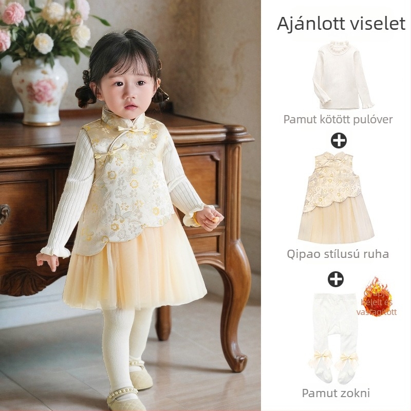 Kínai stílusú ujjatlan gyerekruha, selyemhatású szatén, A-vonalú szoknya, betűs és pöttyös minta, bélés 100% pamut