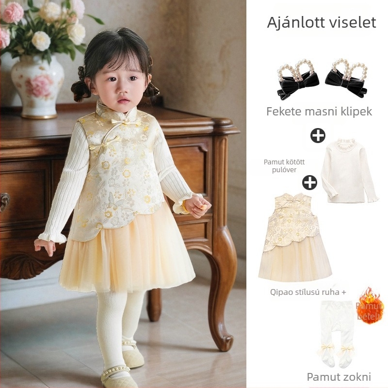 Kínai stílusú ujjatlan gyerekruha, selyemhatású szatén, A-vonalú szoknya, betűs és pöttyös minta, bélés 100% pamut