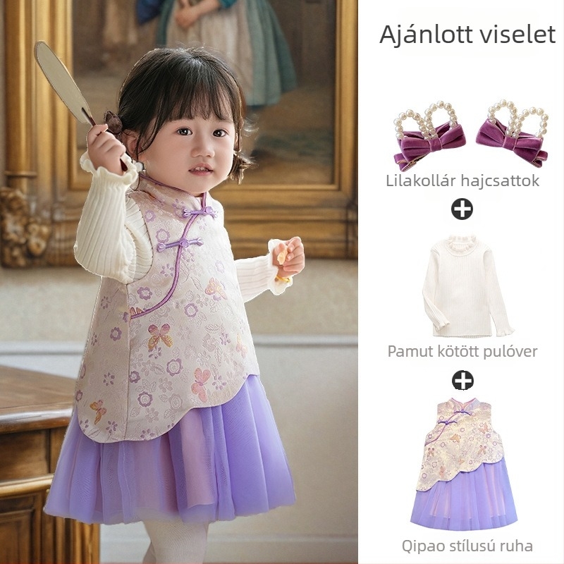 Kínai stílusú ujjatlan gyerekruha, selyemhatású szatén, A-vonalú szoknya, betűs és pöttyös minta, bélés 100% pamut