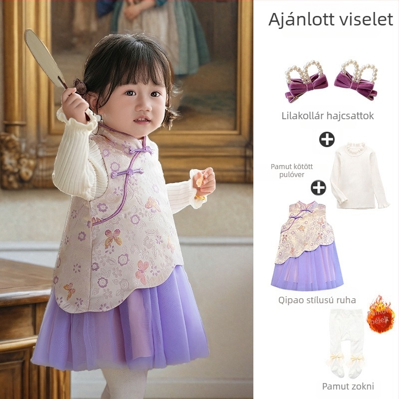 Kínai stílusú ujjatlan gyerekruha, selyemhatású szatén, A-vonalú szoknya, betűs és pöttyös minta, bélés 100% pamut