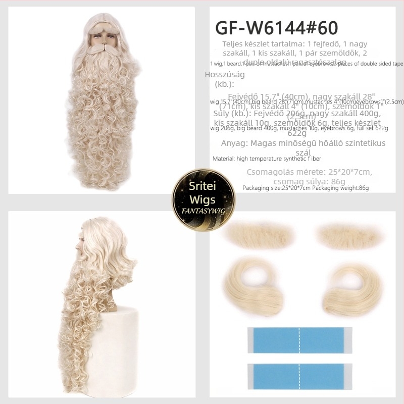 Férfi Mikulás paróka bajusszal — modell GF-W6144, hőálló szálakból készült haj, szövött kivitel, Cos anime stílus, hosszú göndör haj és szakáll