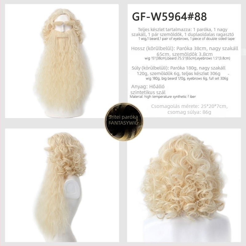 Férfi Mikulás paróka bajusszal — modell GF-W6144, hőálló szálakból készült haj, szövött kivitel, Cos anime stílus, hosszú göndör haj és szakáll