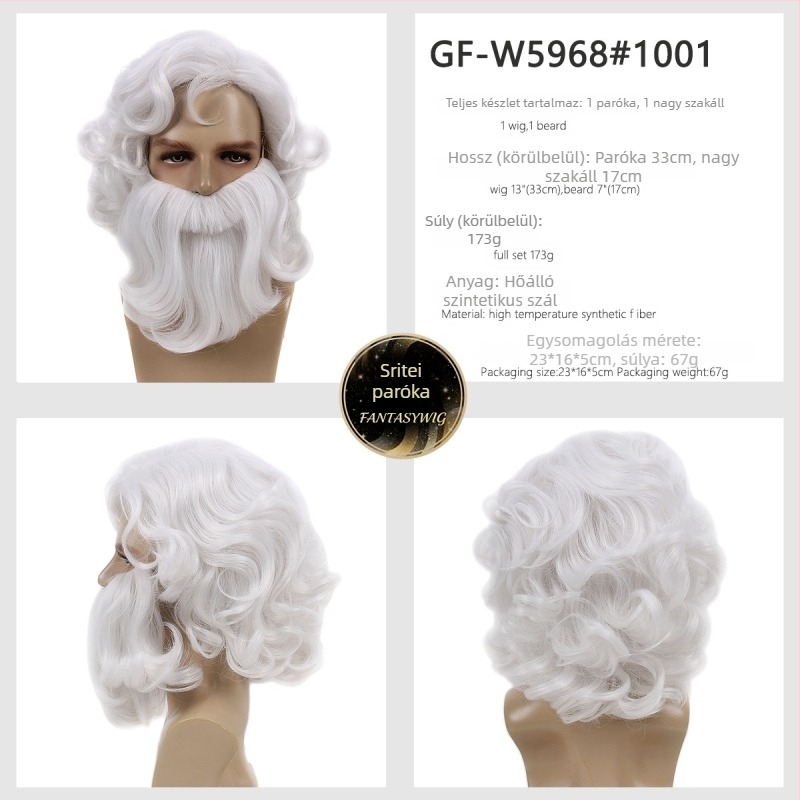Férfi Mikulás paróka bajusszal — modell GF-W6144, hőálló szálakból készült haj, szövött kivitel, Cos anime stílus, hosszú göndör haj és szakáll
