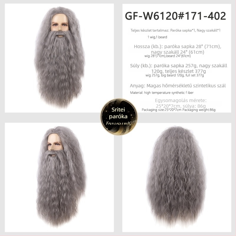 Férfi Mikulás paróka bajusszal — modell GF-W6144, hőálló szálakból készült haj, szövött kivitel, Cos anime stílus, hosszú göndör haj és szakáll