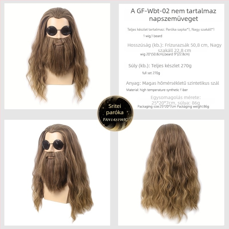 Férfi Mikulás paróka bajusszal — modell GF-W6144, hőálló szálakból készült haj, szövött kivitel, Cos anime stílus, hosszú göndör haj és szakáll