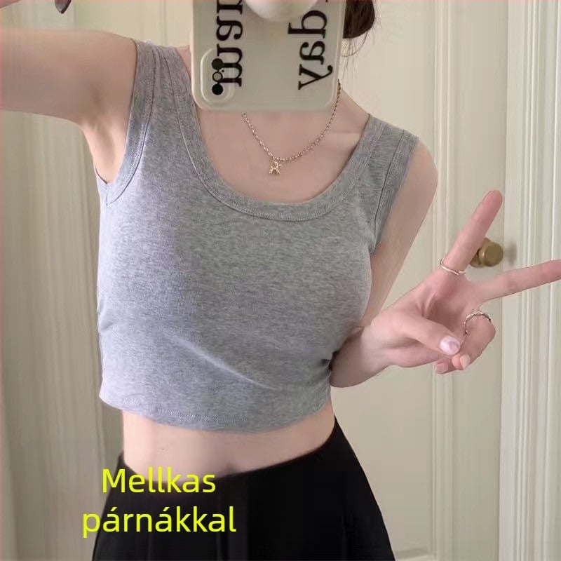 Női ultrakönnyű rövid top mellnél támasztó és wrap dizájnnal - ujjatlan crop top, poliészter 90–95%, sling stílus, dupla pánt