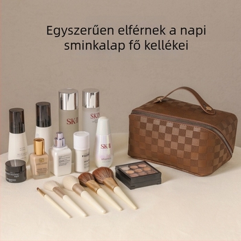 Sminktáska - Nagy kapacitás, Vízálló, Kockás mintázat, PU külső és PU bélés