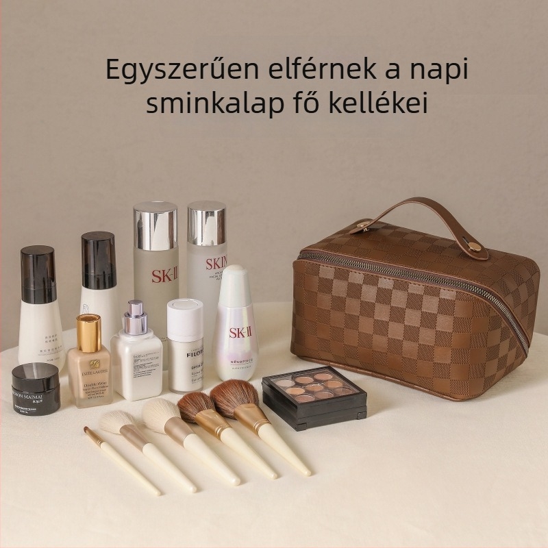 Sminktáska - Nagy kapacitás, Vízálló, Kockás mintázat, PU külső és PU bélés