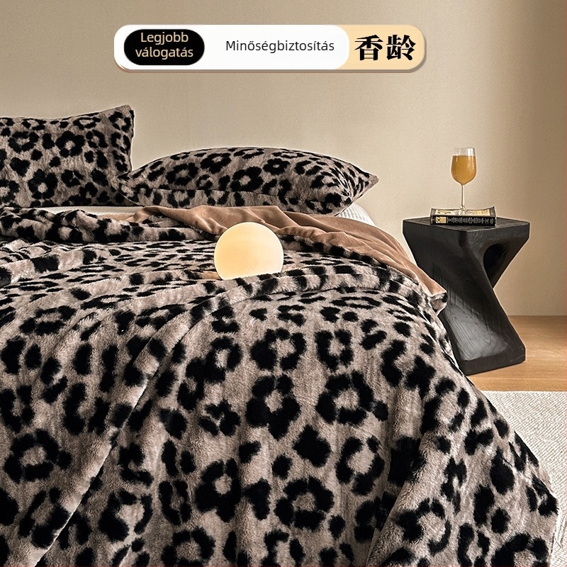 A osztály Leopard mintás nyúl szőrme plüss takaró-sál irodai pihenéshez, kanapéra, egész évben, vastag korall fleece mintázat