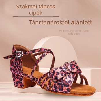 Párducmintás latin tánc cipő lányoknak, magas sarkú, puha talpú, selyem felsőrész, táncgyakorlócipő