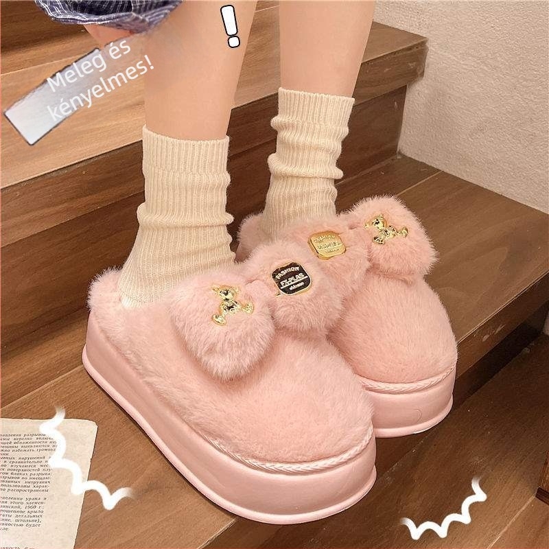 Női vastag talpú papucs, velúr felsőrész, EVA talp, koreai stílus, rajzfilmszerű minta, téli plüss bélés, csúszásmentes (talp vastagsága 0-3 cm)