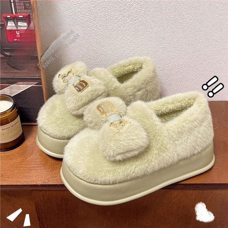 Női vastag talpú papucs, velúr felsőrész, EVA talp, koreai stílus, rajzfilmszerű minta, téli plüss bélés, csúszásmentes (talp vastagsága 0-3 cm)
