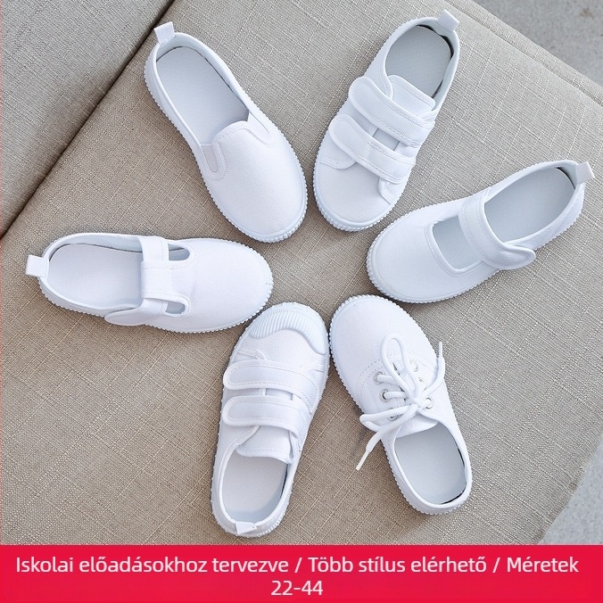 Gyerekeknek készült vászon cipő Velcro-zárással, vászon felsőrész, műanyag talp, csúszásmentes és ütéscsillapító tulajdonságok