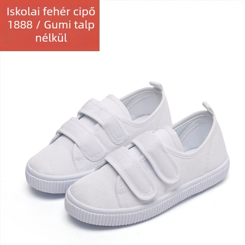 Gyerekeknek készült vászon cipő Velcro-zárással, vászon felsőrész, műanyag talp, csúszásmentes és ütéscsillapító tulajdonságok