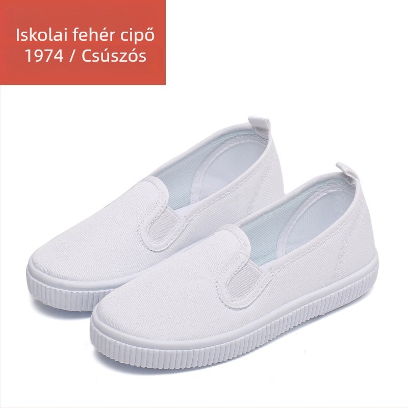 Gyerekeknek készült vászon cipő Velcro-zárással, vászon felsőrész, műanyag talp, csúszásmentes és ütéscsillapító tulajdonságok