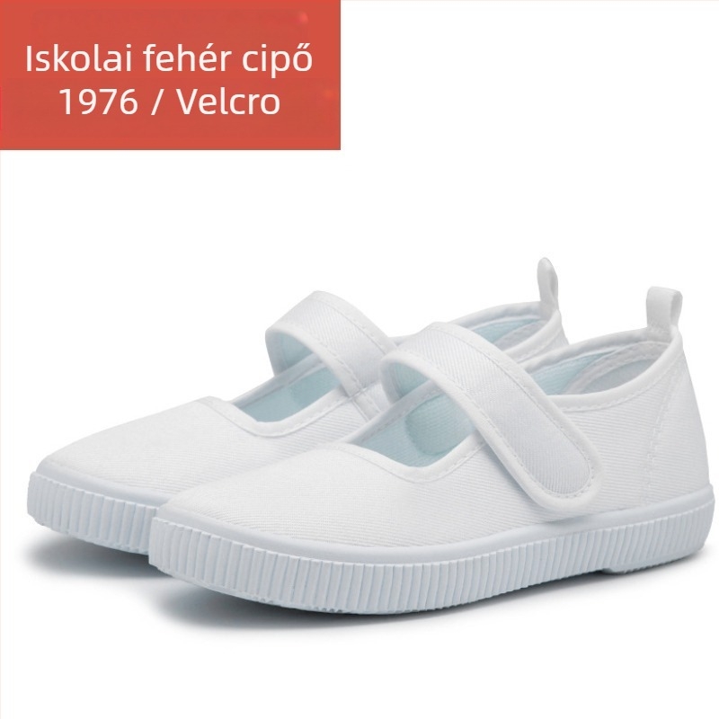 Gyerekeknek készült vászon cipő Velcro-zárással, vászon felsőrész, műanyag talp, csúszásmentes és ütéscsillapító tulajdonságok