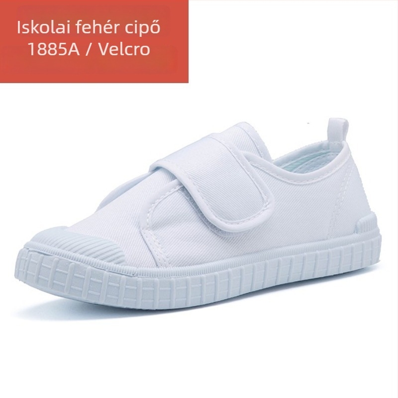 Gyerekeknek készült vászon cipő Velcro-zárással, vászon felsőrész, műanyag talp, csúszásmentes és ütéscsillapító tulajdonságok