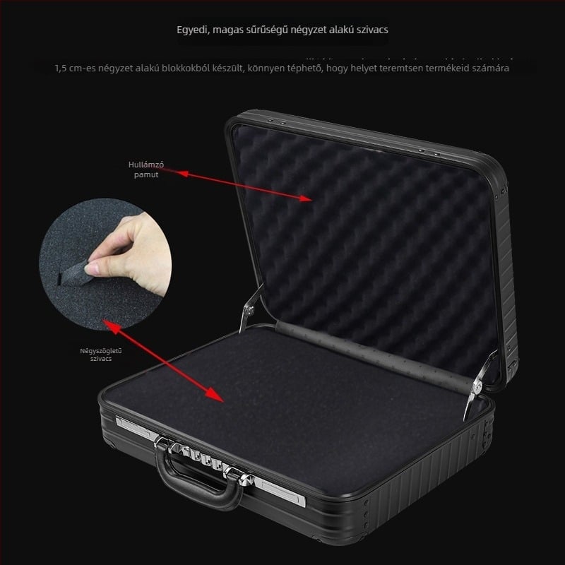 Üzleti aktataska – fém szerkezet, csíkos minta, poliészter bélés, vízálló, lopás elleni védelem (stílus: üzleti elit)