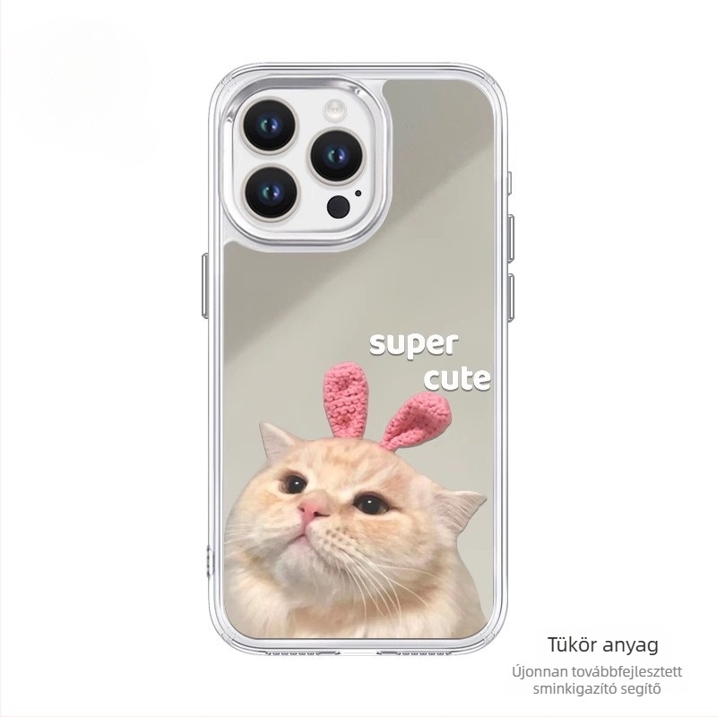 Macskás TPU telefonvédő lányoknak, rajzfilmszerű dizájn, tükörfényes felület, kompatibilis iPhone 15–17 Pro és Pro Max