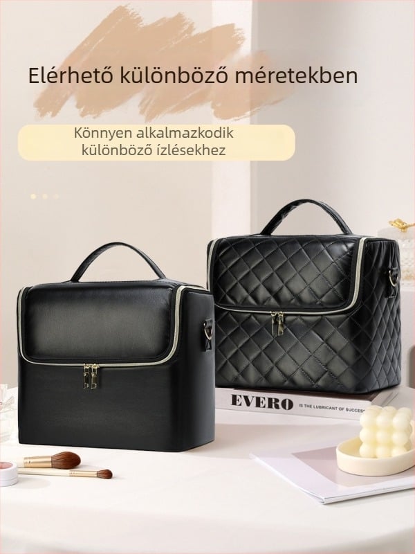 Sminkes táska ecsetekhez — kockás minta, nagy kapacitás, PU anyag, cipzár, poliészter bélés