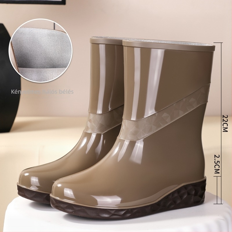 Női PVC vízálló esőcsizma, középmagas szár, rácsos minta, vastag talp, 3-5 cm magas sarok