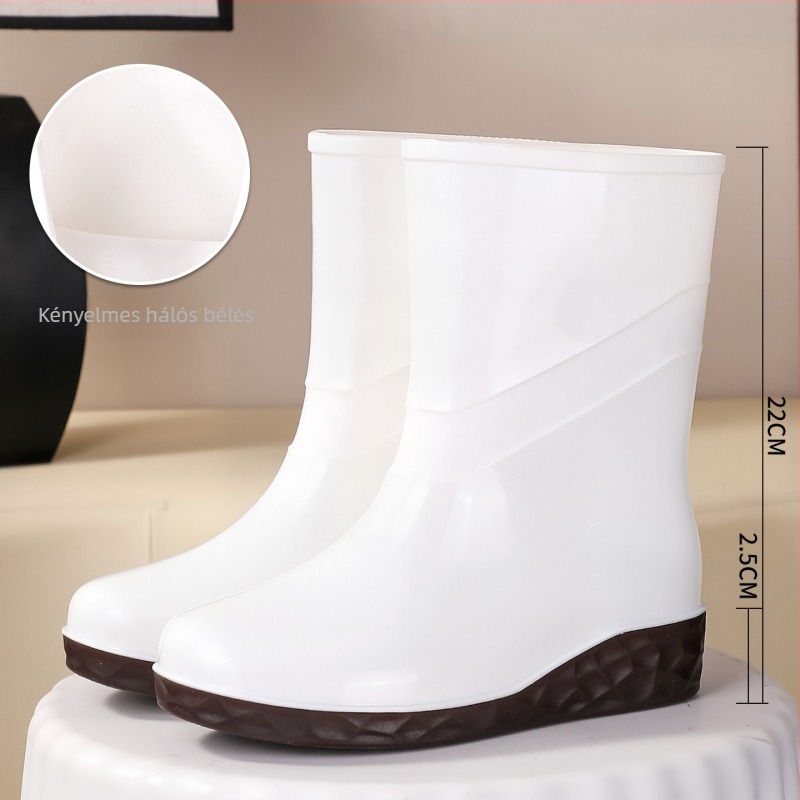 Női PVC vízálló esőcsizma, középmagas szár, rácsos minta, vastag talp, 3-5 cm magas sarok