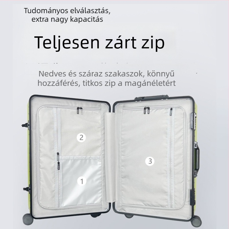 Unisex merevfalú bőrönd alumínium kerettel, PC külsővel, univerzális kerekekkel, 56–75 L kapacitás, zár