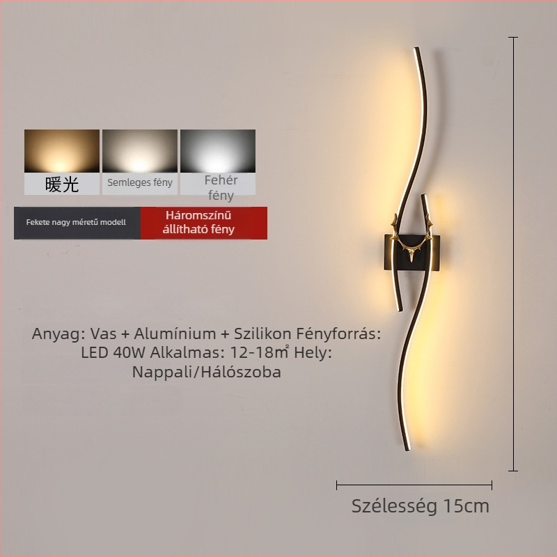 Modern minimalist LED falikar hosszú sáv alakú agancs dizájnnal, hálószoba vagy nappali számára, rácsos háttérrel, szemkímélő világítás
