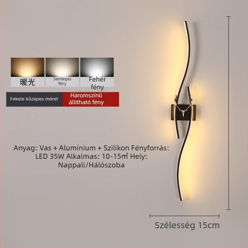 Modern minimalist LED falikar hosszú sáv alakú agancs dizájnnal, hálószoba vagy nappali számára, rácsos háttérrel, szemkímélő világítás