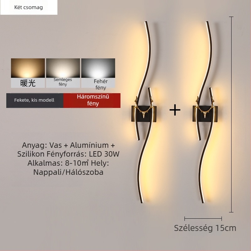 Modern minimalist LED falikar hosszú sáv alakú agancs dizájnnal, hálószoba vagy nappali számára, rácsos háttérrel, szemkímélő világítás