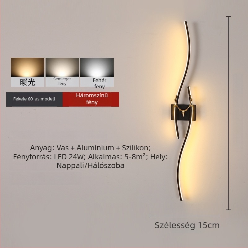 Modern minimalist LED falikar hosszú sáv alakú agancs dizájnnal, hálószoba vagy nappali számára, rácsos háttérrel, szemkímélő világítás