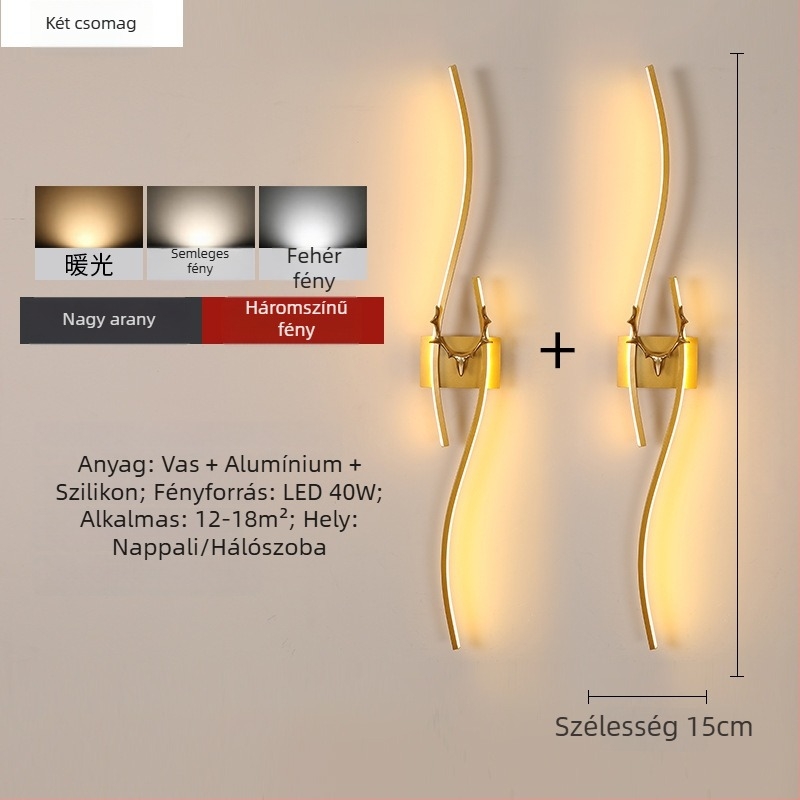 Modern minimalist LED falikar hosszú sáv alakú agancs dizájnnal, hálószoba vagy nappali számára, rácsos háttérrel, szemkímélő világítás