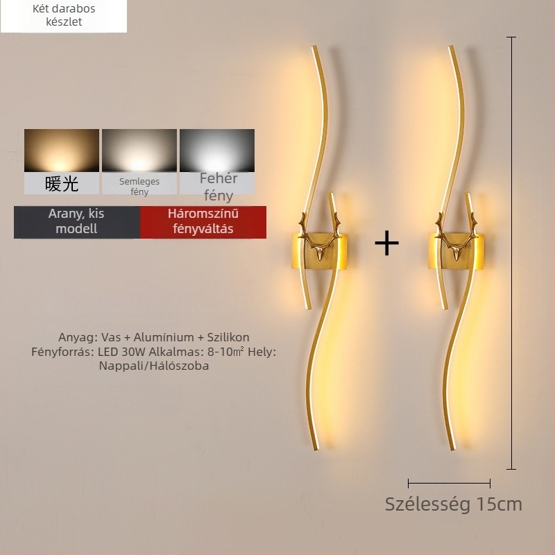 Modern minimalist LED falikar hosszú sáv alakú agancs dizájnnal, hálószoba vagy nappali számára, rácsos háttérrel, szemkímélő világítás