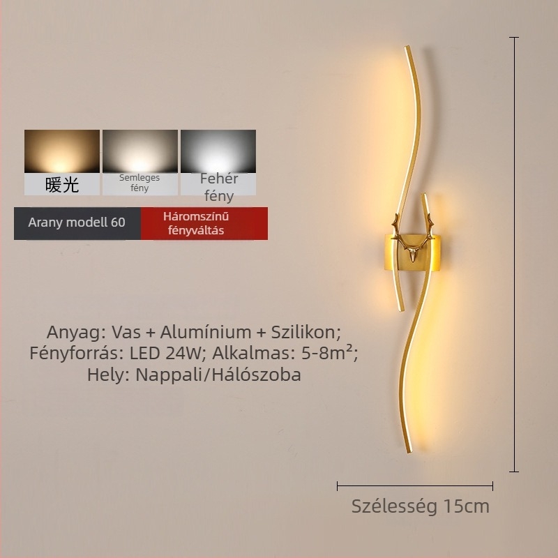 Modern minimalist LED falikar hosszú sáv alakú agancs dizájnnal, hálószoba vagy nappali számára, rácsos háttérrel, szemkímélő világítás