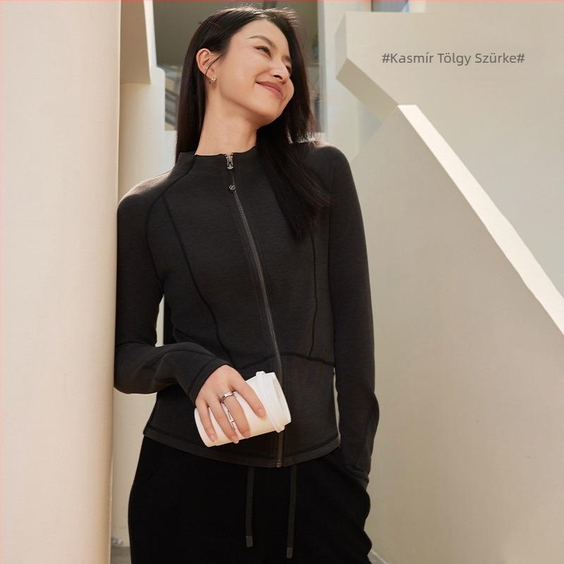 Női akril kabát, karcsúsított szabás, cipzárral, hosszú ujjú, álló gallér