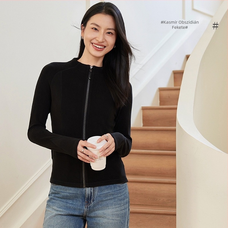 Női akril kabát, karcsúsított szabás, cipzárral, hosszú ujjú, álló gallér