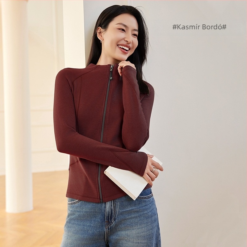 Női akril kabát, karcsúsított szabás, cipzárral, hosszú ujjú, álló gallér