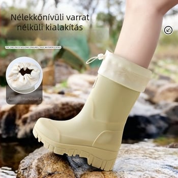 Női PVC esőcsizmák, középmagas szár, vastag talp, 3-5 cm-es sarok, kültéri stílus