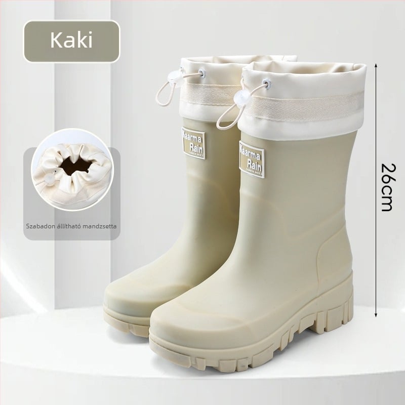 Női PVC esőcsizmák, középmagas szár, vastag talp, 3-5 cm-es sarok, kültéri stílus