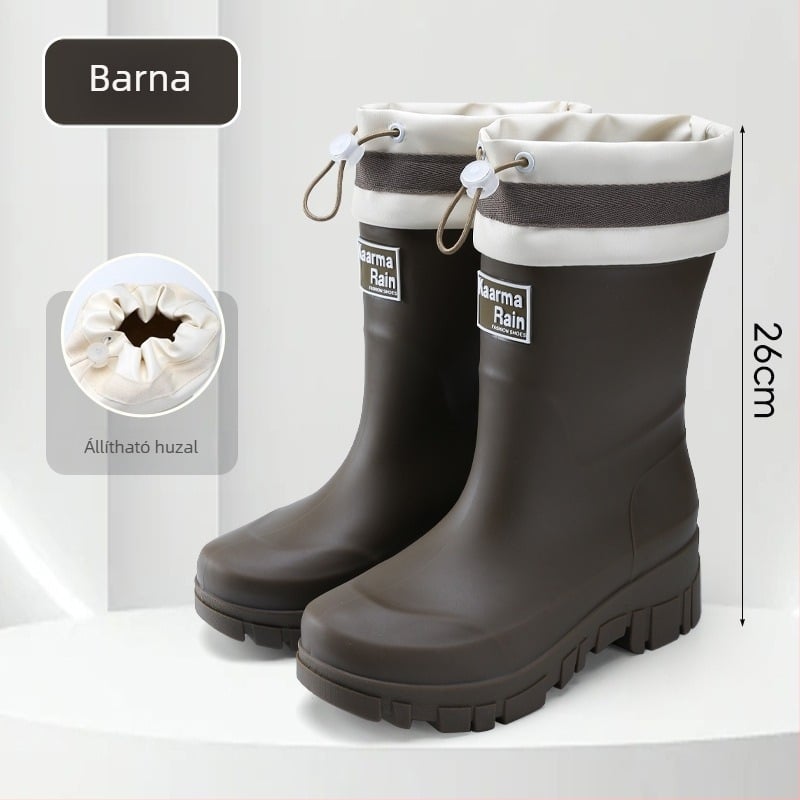 Női PVC esőcsizmák, középmagas szár, vastag talp, 3-5 cm-es sarok, kültéri stílus