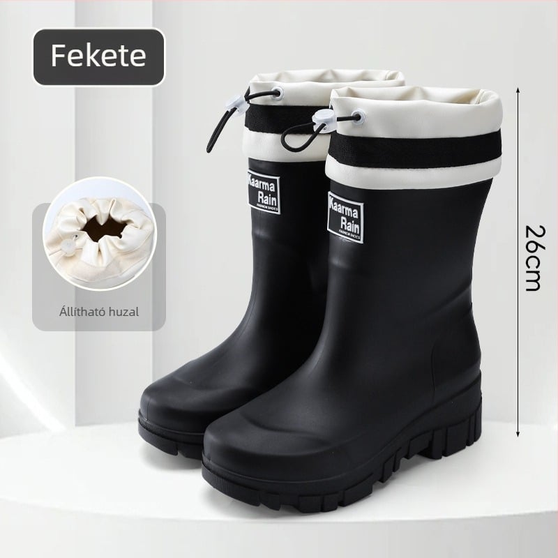 Női PVC esőcsizmák, középmagas szár, vastag talp, 3-5 cm-es sarok, kültéri stílus
