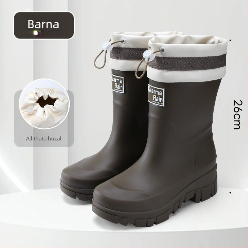 Női PVC esőcsizmák, középmagas szár, vastag talp, 3-5 cm-es sarok, kültéri stílus