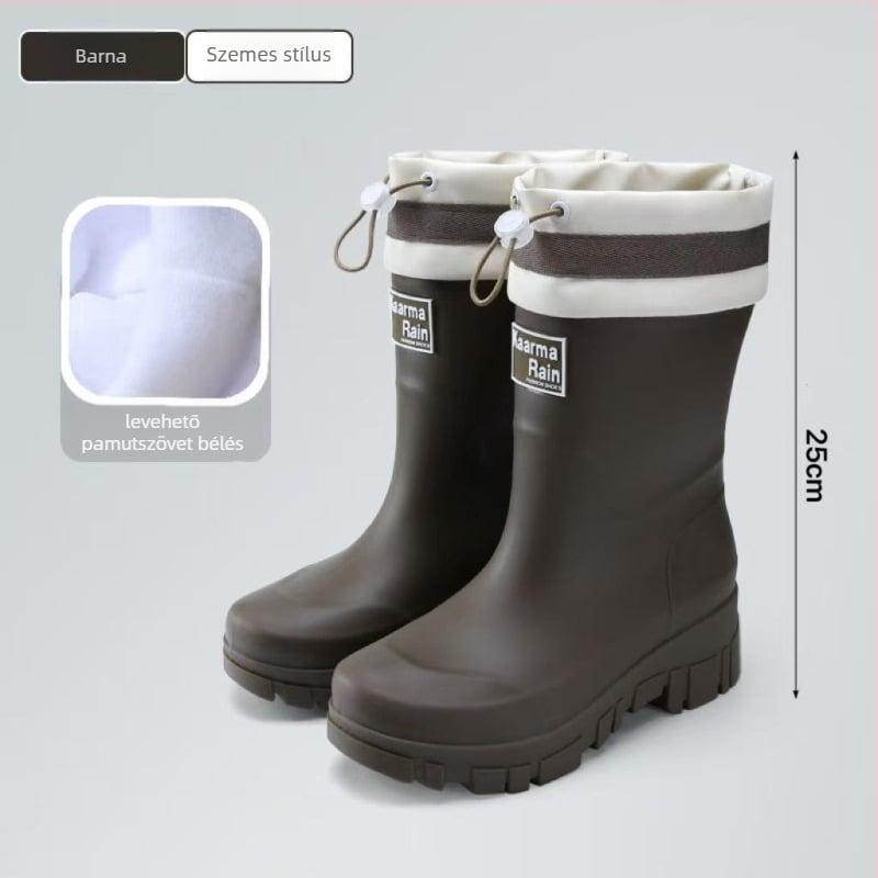 Női PVC esőcsizmák, középmagas szár, vastag talp, 3-5 cm-es sarok, kültéri stílus