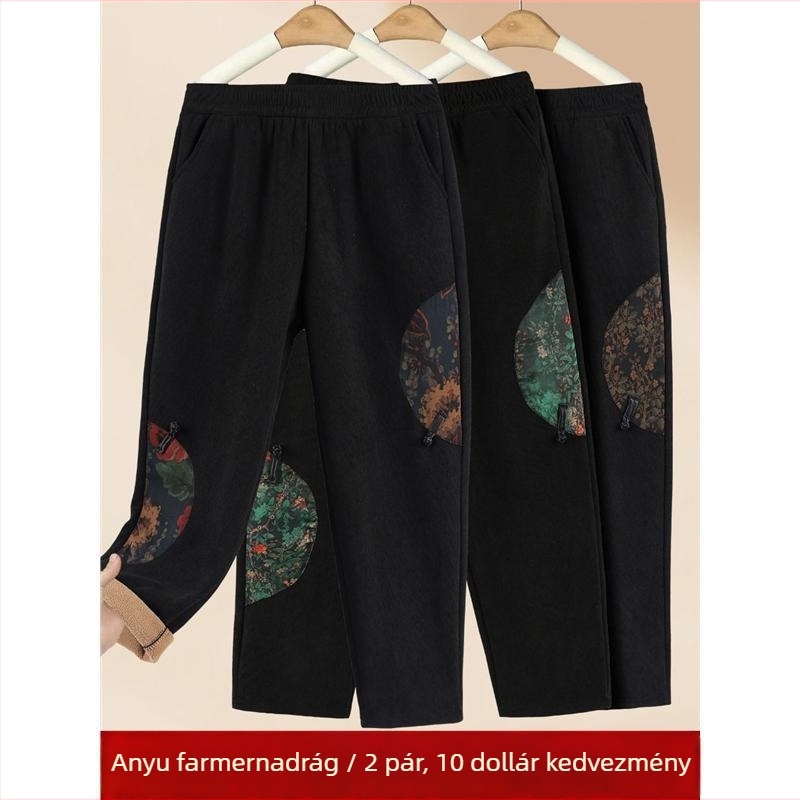 Téli meleg, kényelmes egyenes szabású nadrág idős nőknek fleece béléssel, kis méretben