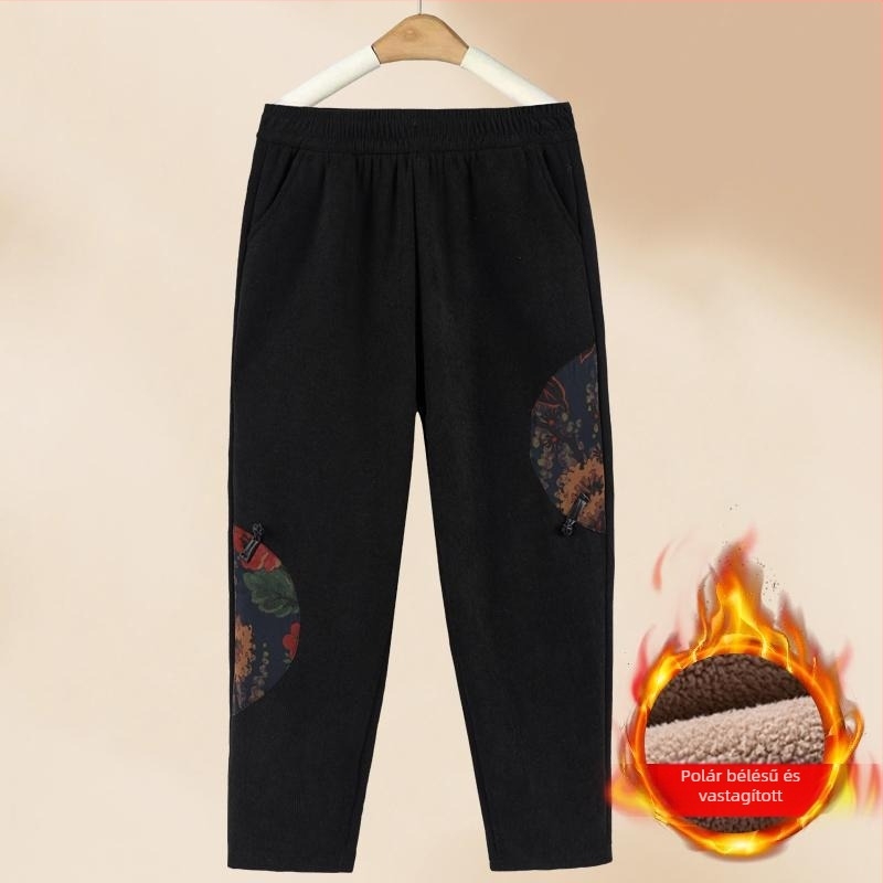 Téli meleg, kényelmes egyenes szabású nadrág idős nőknek fleece béléssel, kis méretben