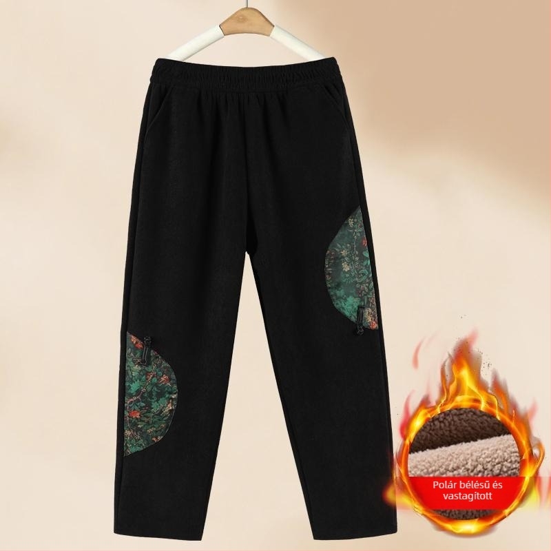 Téli meleg, kényelmes egyenes szabású nadrág idős nőknek fleece béléssel, kis méretben